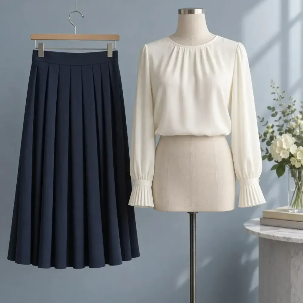 Navy dress, pale blue blouse and ivory skirt on wooden hangers.